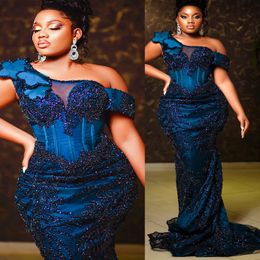 2024 Aso Ebi Dark Navy Florals Mermaid Prom Dress Sequined Luxurious Evening Formal Party Second Reception 50th Birthday Engagement Gowns Dresses Robe De Soiree ZJ