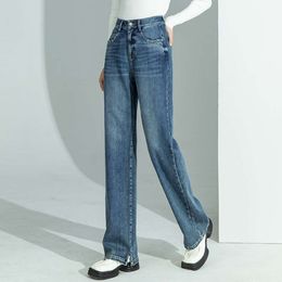 2024 Spring Novo cintura alta versátil casual jeans de pernas largas feminino solto e esbelto dentro do piso dividido calças de perna reta de piso liso