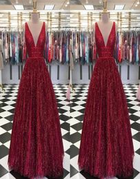 Sparkly Burgundy Prom Dresses Party Aline Deep Vneck Backless Dresses Evening Wear Women Special Occasion Dress vestido de novia1294321