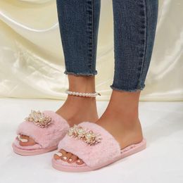 Slippers Women Plush Pearl Flower Slipper Ladies Fashion Winter Open Toe Flat Bottom Cotton Adult Indoor Casual Footwear