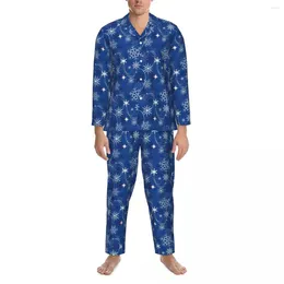 Men's Sleepwear Snowflake Sparkle Pajamas Mens Blue And White Trendy Sleep Nightwear Spring Two Piece Casual Oversized Graphic Pajama Sets
