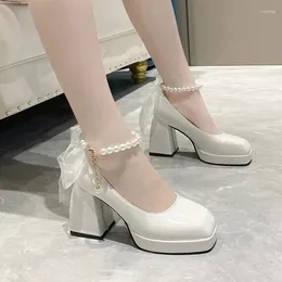 Dress Shoes Women's High Heels Elegant Bow Black Fashion Outdoor Thick Wedding Party Pearl