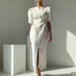Party Dresses JSXDHK Fashion Designer Summer Dress Chic Elegant Runway Women V Neck Puff Sleeve White Bodycon Slim Waist Split Long