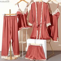 home clothing Ice Silk Pyjamas Womens Summer Thin Sexy Lace Hanging Straps Night City Five Piece Set Korean Long sleeved Home Fury SmoothL2403