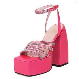 Dress Shoes Platform Chunky Heel Rhinestone Sandals Ankle Strap High Heels Thick Bottom Gothic Style Open Toe Buckle Model Party