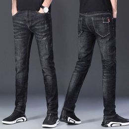 2024 New Spring and Autumn Season Men's Jeans Korean Edition Slim Fit Elastic Feet Trendy Straight Solid Color Pants for Men