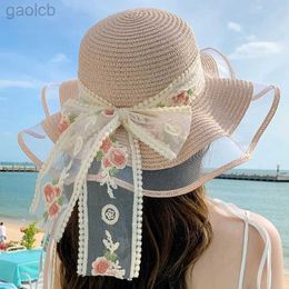 Wide Brim Hats Bucket Foldable Big Cork Girl Straw Hat Sun with Bow Elegant Protection Sunshade Fashion Womens Beach buckets 24323
