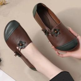 Flats National Style Flower Retror Women Flats Brown Ladies Spring Autumn Wide Feet Elderly Comfortable Nonslip Soft Sole Flat Shoes