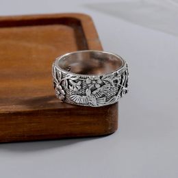 New Sen Style Flower And Bird Pattern Hand Carved Neutral 14K Gold Ring