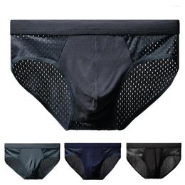 Underpants Men Summer Ice Silk Underwear Briefs Mesh Stretchy Breathable Solid Colour Plus Size Hollow Out U Convex Panties Male