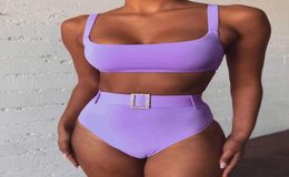 High Waist Bikini Solid Purple High Leg Rhinestone Belt Swimsuit Beach Bathing Suit Push Up Padded Two Piece Swimwear Biquini9890635