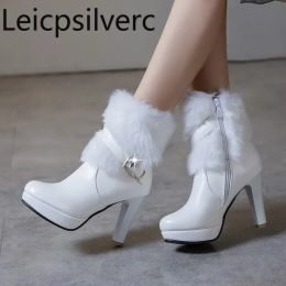 Boots Women's Boots New Autumn And Winter Round head zipper Crystal plush High heel Short tube Women's shoes plus size 3243 7cm high