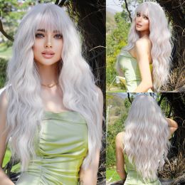 Wigs NAMM Long Wavy White Wig for Women Daily Party Natural Synthetic Platinum Wigs with Fluffy Bangs Sold Lolita Wigs Heat Resistant