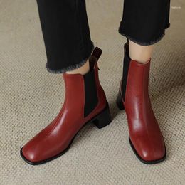 Boots Autumn Women Split Leather Shoes For Square Toe Chunky Heel Red Slip-on Short Zapatos Para Mujeres