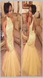Cheap Sexy Gold Mermaid Prom Dress Halter Neck Backless Black Girl Formal Sweep Train Evening Party Gown Custom Made Plus Size5895602
