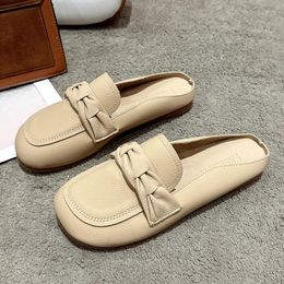 Slippers Women's Closed Toe Half Summer Square Flat Mules Shoes For Women Soft Leather Casual Slip On Ladies Slides