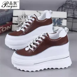 Casual Shoes Women Sneakers High Platform 10cm Wedge Heels Outdoor Vulcanised Spring Leather Chunky Lace-up 40