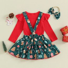 Clothing Sets Born Baby Girl Christmas Outfit Long Sleeve Ribbed Romper Cartoon Print Suspender Skirt Headband 3Pcs Set