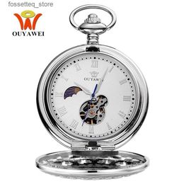 Pocket Watches Luxury OYW Hand Winding Mechanical Silver Men Pocket Skeleton Dial Steel necklace Chain Pendant Vintage Dress Fob es L240322