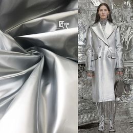 Silver glossy leather thick stiff profile stage performance laser coat coat garment designer fabric