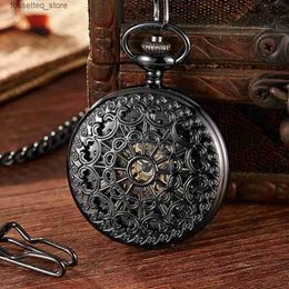 Pocket Watches Retro Black Mechanical Hand Winding Mens Pocket Fob Chain Steampunk Hollow Spider Web Design Antique Stylish Pocket Clock L240322