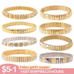 Bangle Vintage Elastic Stainless Steel Adjustable Bracelet For Women Men Gold-Plated Embedded Rhinestone Couple Colorfast Jewellery