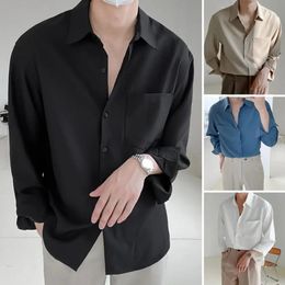 Casual Men Lapel Long Sleeve Singlebreasted Patch Pocket Draped Shirt Slim Fit Solid Colour Business Dress Top 240308