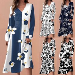 Casual Dresses Women's Spring And Autumn Fashion V-neck Long Sleeve Floral Printed Tie Detail Pocket Design A-Line