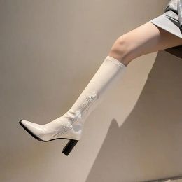 Boots Footwear Square Toe Elastic Shoes for Women Winter Knee High Shaft Ladies Boots White Long with Free Shipping Quality on Offer