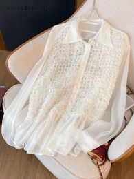 Women's Blouses French Pleated Blouse Women Spring Elegant Heavy Industry Pleating Chiffon Commute Style White Long Sleeve Shirts