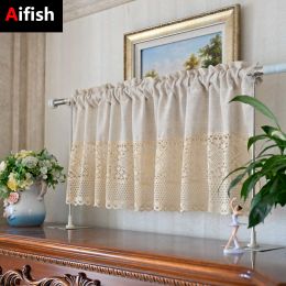 Curtains Cotton Linen Crochet Flower Hollow Short Curtain for Kitchen Small Window Half Curtain Vintage Farmhouse Door Window Drapes