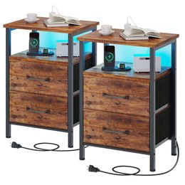 TRIFEBELE Set 2, LED Lights and Charging Station, Bedside 2 Fabric Drawers, Suitable for Bedrooms, 3-layer Small Side Table with Open Shees, Rural Brown