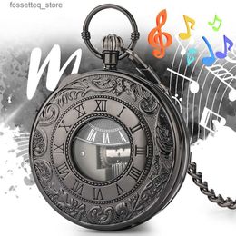 Pocket Watches Castle in the Sky Melo Musical Pocket Retro Black Roman Numerals Design Half Hunter Quartz Music Pocket Clock Gifts L240322