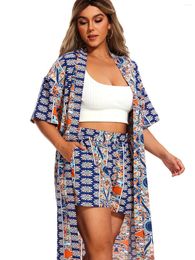 Women's Tracksuits Vangull Plus Size All Over Print Two-piece Set Short Sleeve Open Front Kimono & Elastic Waist Shorts Outfits