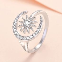 2024 New Sun and Moon Crystal Zircon 14K White Gold Ring for Women Girls Fashion Simple Engagement Rings Elegant Women's Jewellery Birthday Gifts