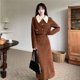 Casual Dresses 2024 Winter Corduroy 2 Piece Dress Suit Tops High Waist Pullover Slim Fit Knitted Skirt Elegant Women's Party Femme