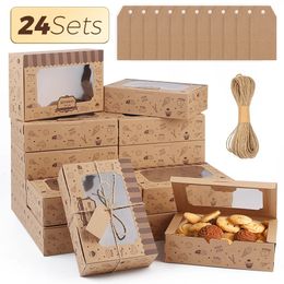 Cookie Bakery Boxes with Window 24 Pieces Dessert Rolls Rope and Stickers Pastry Treat for Chocolate Strawbe 240320