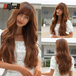 Wigs Long Wavy Black Ombre Brown Wigs With Bangs Synthetic Natural Wave Wig for Black Women Heat Resistant Fake Hair Cosplay Wig