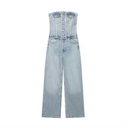 Za-autumn and Winter Womens Clothing 2023 New Fashion Tube Top Denim Jumpsuit Retro Casual High Waist Ladies