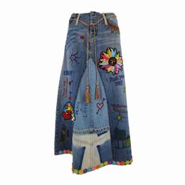 Manufacturer Customised Fashion Embroidered Graffiti Casual Loose Womens Plus Size Denim Skirt