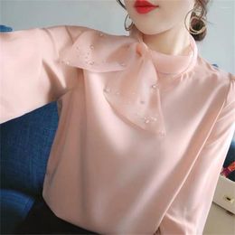 Women's Blouses 2024 Autumn Elegant Fashion Korean Temperament Long Sleeve Loose Blouse Casual Tops Women Scarf Collar Bow Beading Chiffon