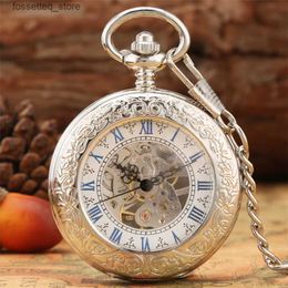 Pocket Watches Robot arm wrapped around pocket blue Roman numeral display transparent cover antique silver Fob pendant pocket clock L240322