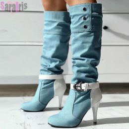 Boots Winter Warm Plush Women Knee High Boots High Heels Denim Pleated Big Size 3543 Sexy Party Long Boots Shoes For Woman