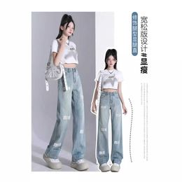 Chinese Style Embroidered Jeans Womens Wide Legs Spring 2024 New Straight Leg Pants Light Blue High Waisted Floor Mop