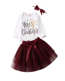 Newborn Baby Girl My First Christmas Long Sleeve Romper Tutu Skirt Headband Infant Girls 3Pcs Xmas Outfits Clothing Set 018M 10219784820