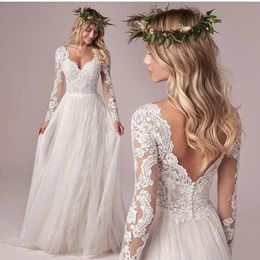 Lsyx Bohemian Long Sleeves Wedding Dress For Women Corset Low Back Floor Length Lace Appliques White Tulle Chiffon Bridal Gown 240323