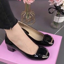 Pumps Women Classic Round Toe Black Patent Leather Spring Slip on Square Heel Shoes for Office Party Lady Hotel Work Comfy Pumps E102
