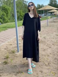 Solid Plus Size Long Kaftan Casual V-neck Robe Spring Batwing Sleeve Woman Clothing Side Split Beachwear Maxi Dress Q1384