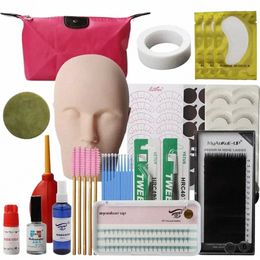 false Eyel Extensi Training Kit Practise Model Head Eye Pads Tweezers Glue Ring Brush Grafting Eyel Tools Kit E6jO#