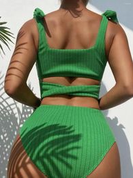 Women's Swimwear 2024 Design Women Ribbed Bikini Set Shoulder Tie-Up Swimsuit Back Cross Bandage High Waist Beachwear Bathing Suits